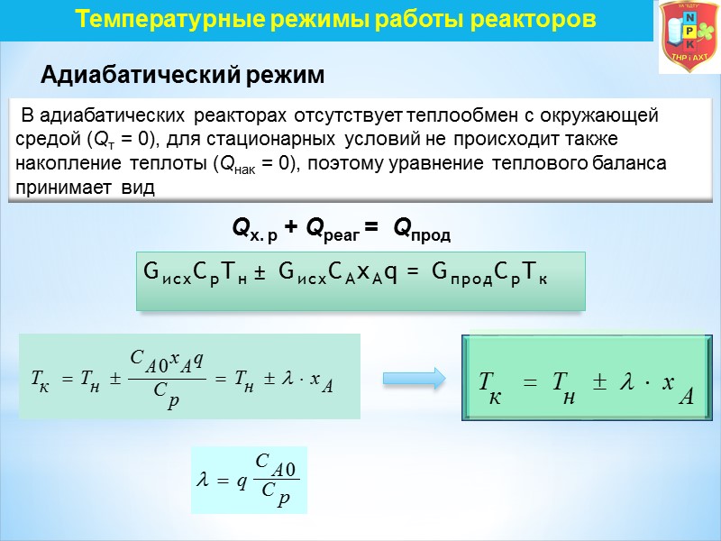 Температурные режимы работы реакторов  Адиабатический режим  В адиабатических реакторах отсутствует теплообмен с